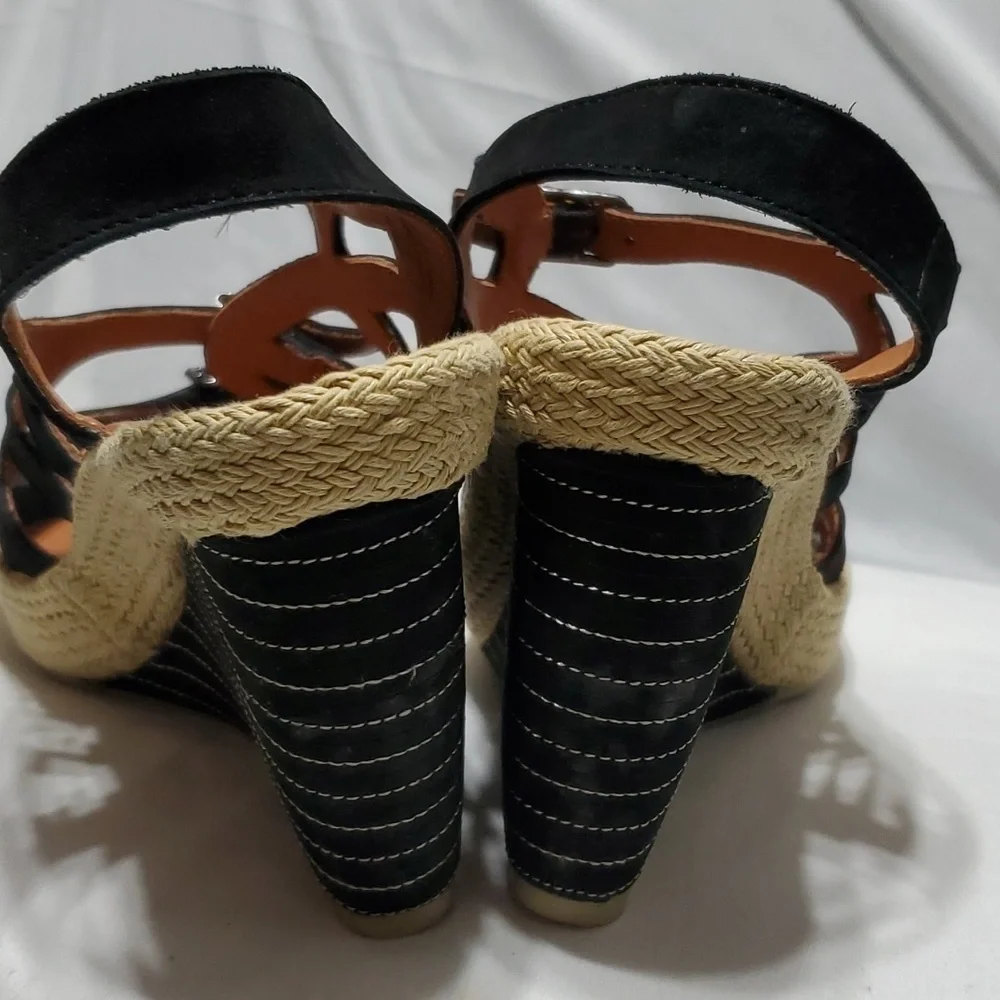 L'Amour Des Pieds ignacis black leather strappy wedge espadrille sandals